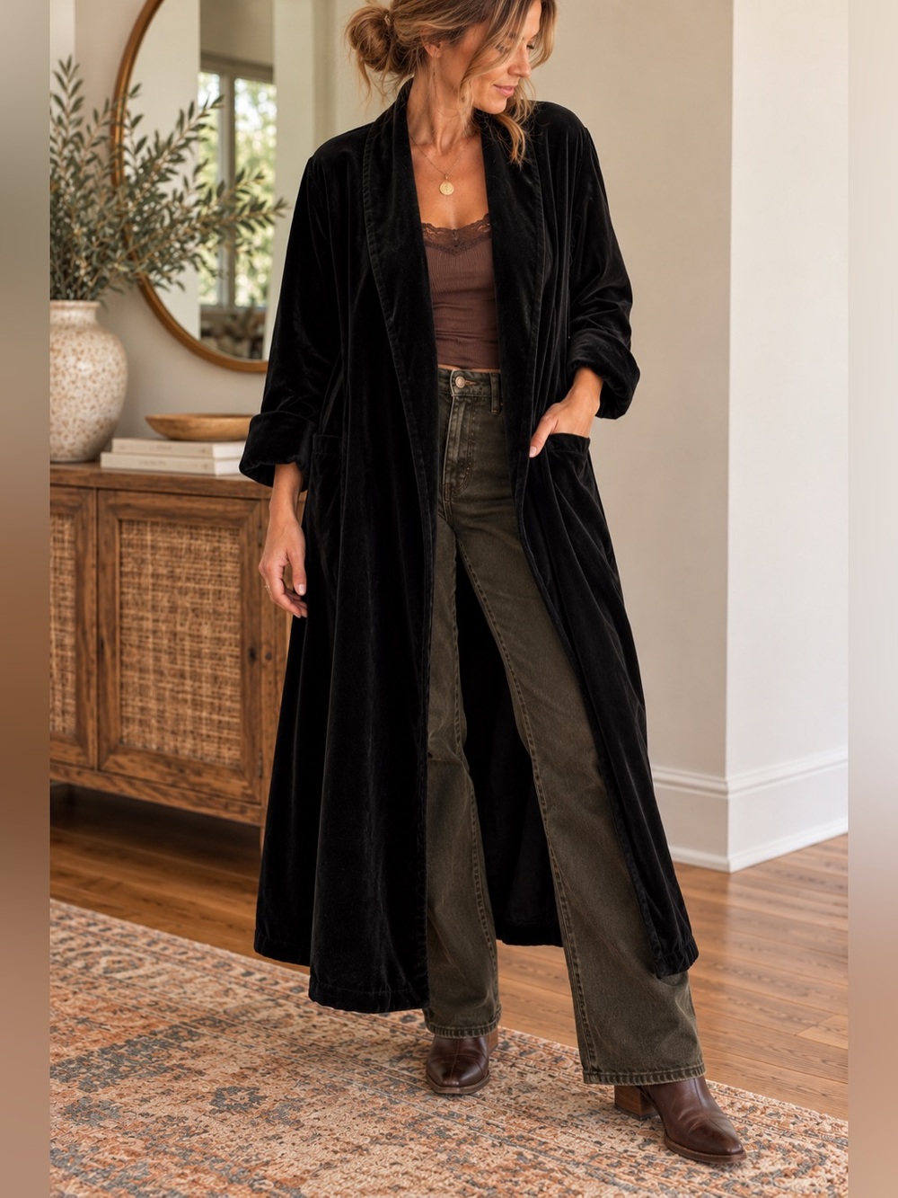 Vintage DeBall Velvet Black Longline Duster Coat 100% Cotton USA